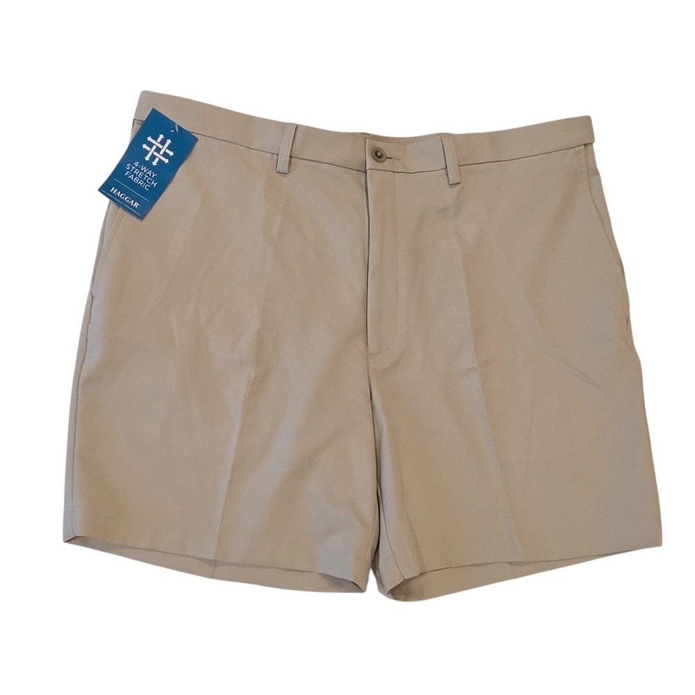Haggar Mens Cool 18 Pro Golf Shorts Khaki Expandable Waist Stretch 40W